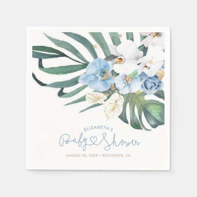 Blue Orchids and Palm Leaves Tropical Elegant Napkins (Front)