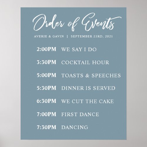 Blue Order of Events Wedding Day Schedule Poster