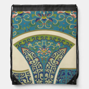 Blue Oriental Designs with Smiling Faces Drawstring Bag