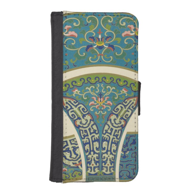 Blue Oriental Designs with Smiling Faces iPhone Wallet Case (Front)
