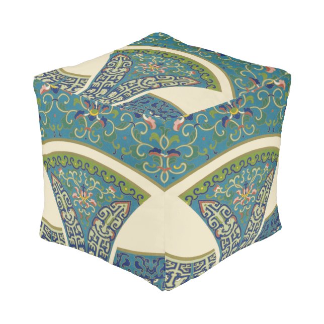 Blue Oriental Designs with Smiling Faces Pouf (Angled Front)