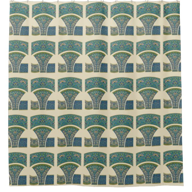 Blue Oriental Designs with Smiling Faces Shower Curtain (Front)