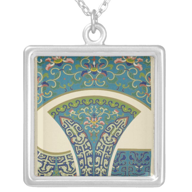 Blue Oriental Designs with Smiling Faces Silver Plated Necklace (Front)