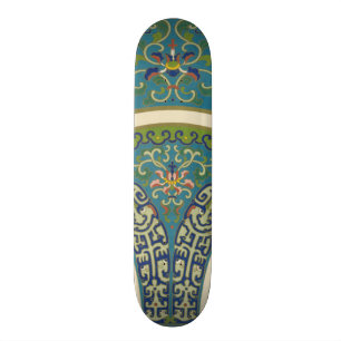 Blue Oriental Designs with Smiling Faces Skateboard