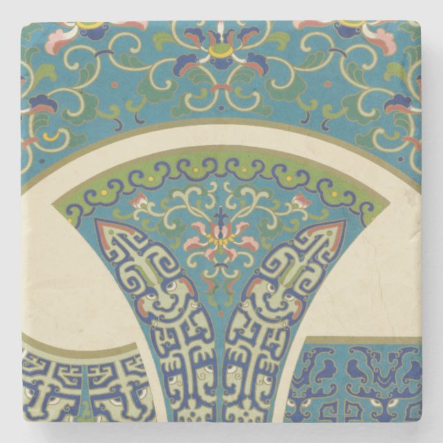 Blue Oriental Designs with Smiling Faces Stone Coaster (Front)