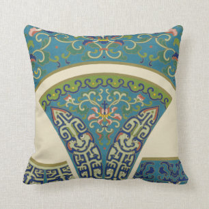Blue Oriental Designs with Smiling Faces Throw Pillow