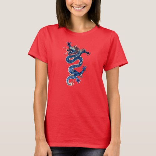 Blue oriental dragon antique Chinese embroidery T_Shirt