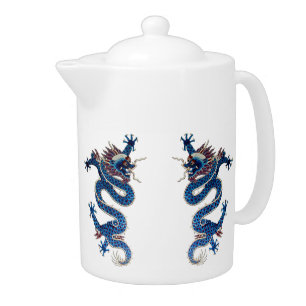 Blue oriental dragons antique Chinese embroidery Teapot