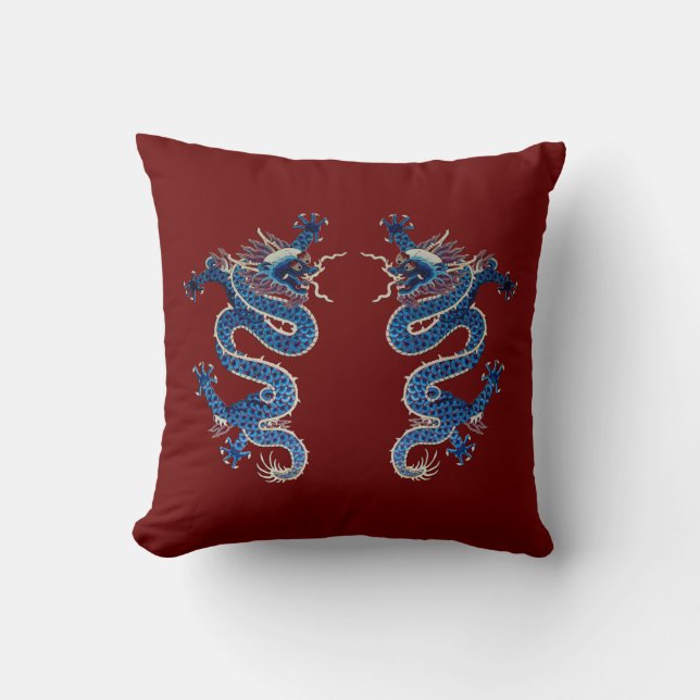 Blue oriental dragons antique Chinese embroidery Throw Pillow (Front)