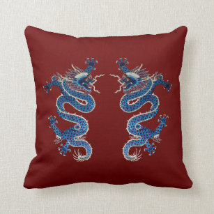 Blue oriental dragons antique Chinese embroidery Throw Pillow