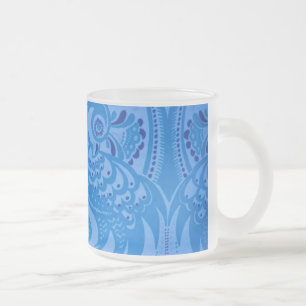 Blue Oriental Peacock Birds Frosted Glass Coffee Mug