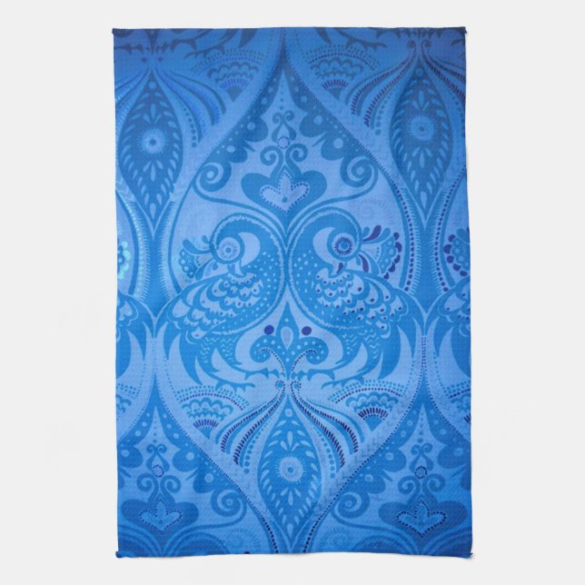 Blue Oriental Peacock Birds Kitchen Towel (Vertical)