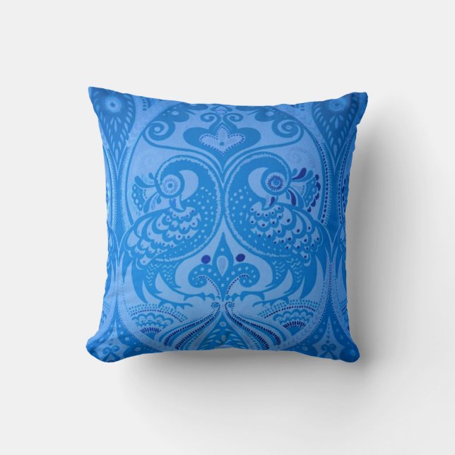 Blue Oriental Peacock Birds Throw Pillow (Front)