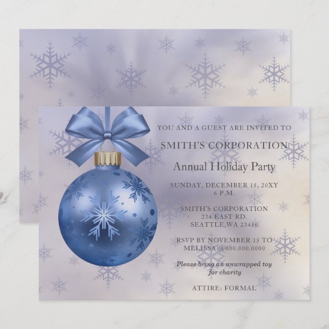 Blue Ornament Elegant Corporate Holiday Party Invitation (Front/Back)