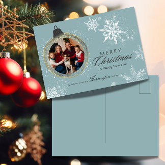 Blue Ornament Family Christmas Photo Snowflake Holiday Postcard