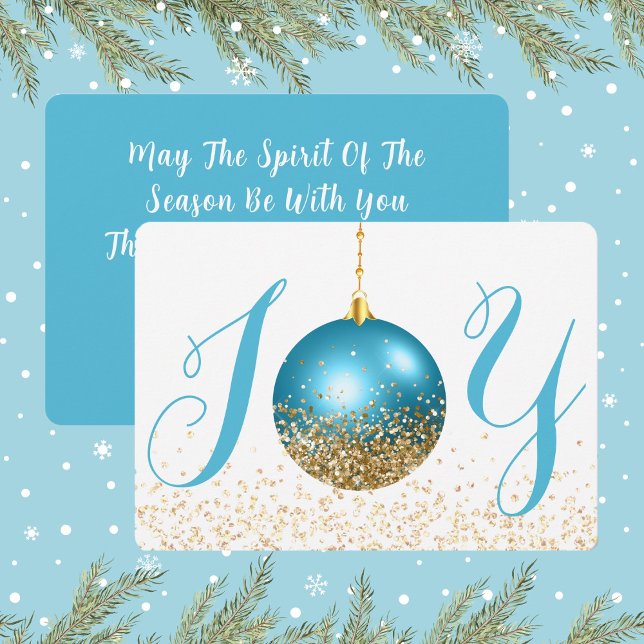Blue Ornament Joy Christmas Greeting Holiday Card (Joy In Blue and Gold Look Glitter Christmas Holiday Card)