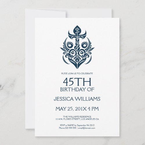 Blue Ornamental Boat Anchor Birthday Party Invite