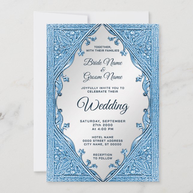 Blue Ornamental Frame Wedding Invitation (Front)