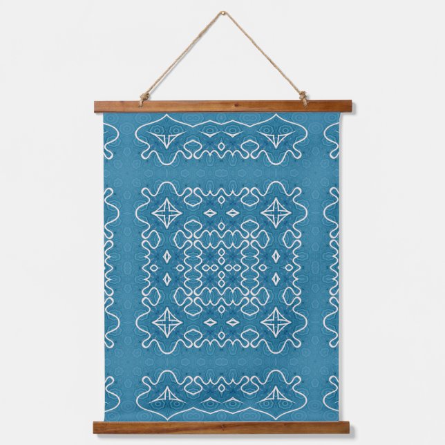 Blue Ornamental Tile Pattern – Intricate Geometric Hanging Tapestry (Front)