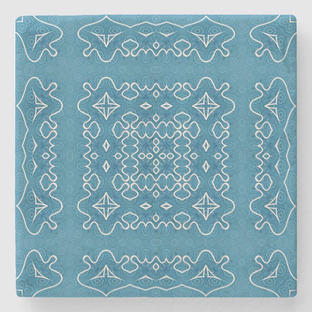 Blue Ornamental Tile Pattern – Intricate Geometric Stone Coaster (Front)