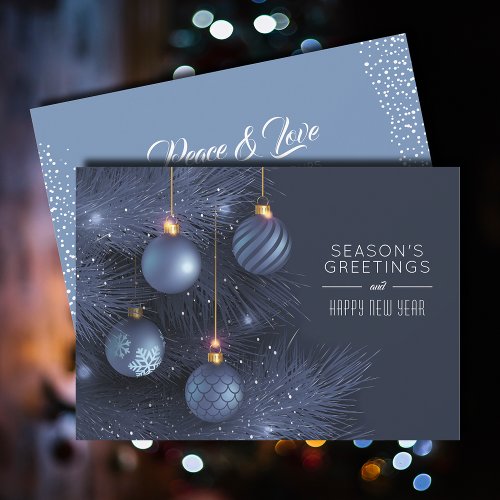 Blue Ornaments Seasons Greetings Flat Holiday Card