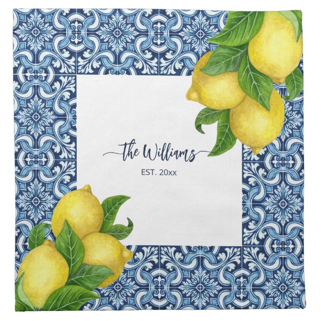 Blue ornate Amalfi Italian tiles and lemons Cloth Napkin (Front)
