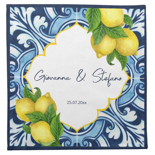 Blue ornate Amalfi Italian tiles and lemons Cloth Napkin (Front)