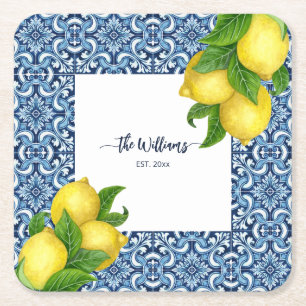 Blue ornate Amalfi Italian tiles and lemons Cloth  Square Paper Coaster