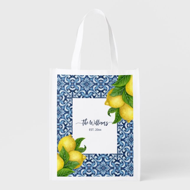 Blue ornate Amalfi Italian tiles and lemons Grocery Bag (Front)