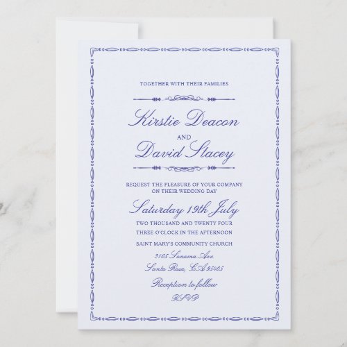 Blue Ornate Border Wedding Invitation 