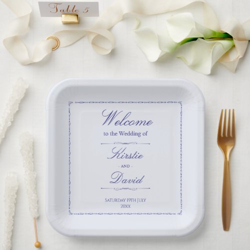 Blue Ornate Border Wedding Paper Plates