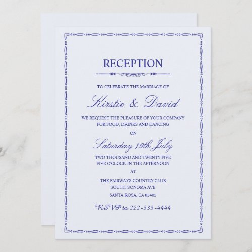 Blue Ornate Border Wedding Reception Invitation