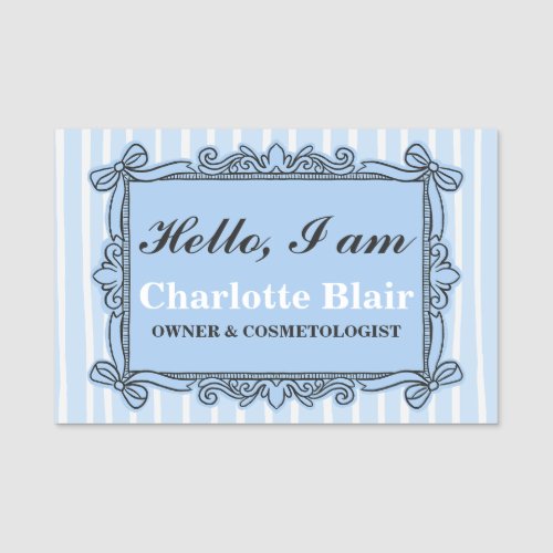 Blue Ornate Bow Vintage Style Frame Hello  Name Tag