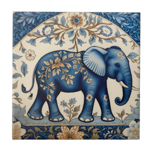Blue Ornate Elephant Vintage Floral Ceramic Tile