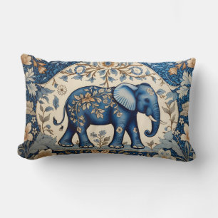 Blue Ornate Elephant Vintage Floral Lumbar Pillow