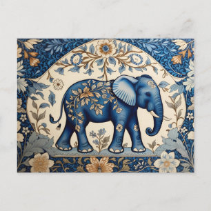 Blue Ornate Elephant Vintage Floral Postcard