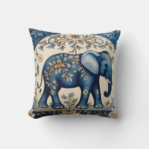 Blue Ornate Elephant Vintage Floral Throw Pillow