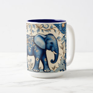 Blue Ornate Elephant Vintage Floral Two-Tone Coffee Mug