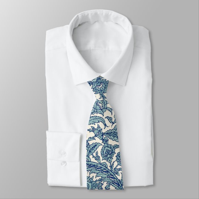 Blue Ornate Floral Arabic Pattern Neck Tie (Tied)