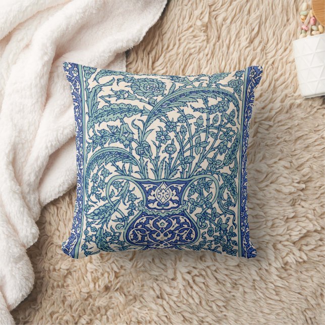 Blue Ornate Floral Arabic Pattern Throw Pillow (Blanket)