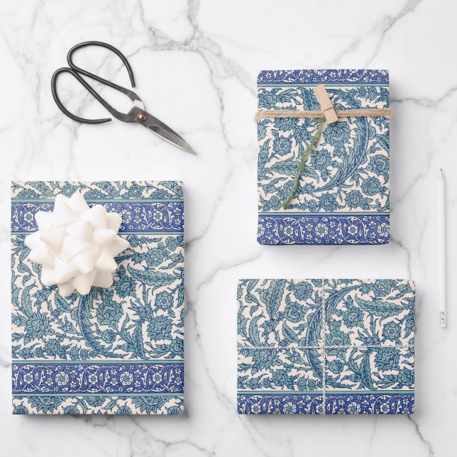 Blue Ornate Floral Arabic Pattern Wrapping Paper Sheets (Front)