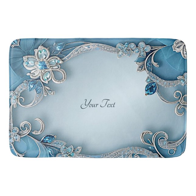 Blue Ornate Floral Bath Mat (Front)