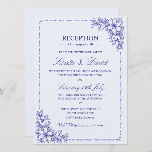 Blue Ornate Floral  Border Wedding Reception Invitation