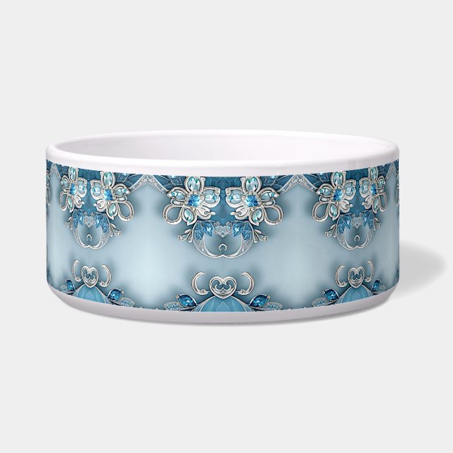 Blue Ornate Floral Ceramic Pet Bowl (Front)