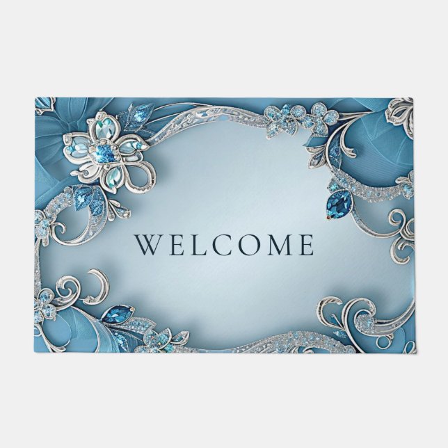 Blue Ornate Floral Doormat (Front)