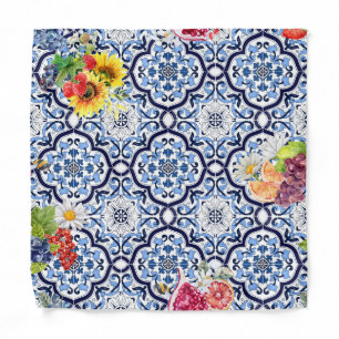Blue Ornate Floral Fruity Berries Sicilian Tiles Bandana
