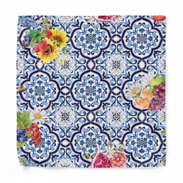Blue Ornate Floral Fruity Berries Sicilian Tiles Bandana (Front)