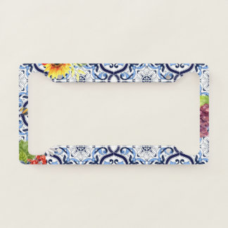 Blue Ornate Floral Fruity Berries Sicilian Tiles License Plate Frame