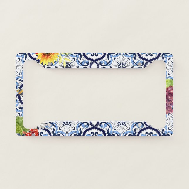 Blue Ornate Floral Fruity Berries Sicilian Tiles License Plate Frame (Front)