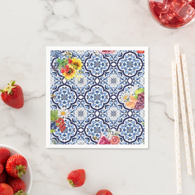 Blue Ornate Floral Fruity Berries Sicilian Tiles Napkins (Insitu)